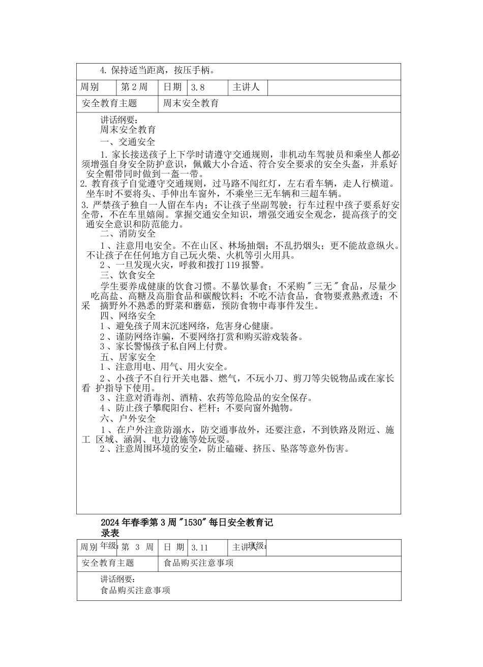 中小学春季学期“1530”每日安全教育记录表汇总(20周)_第4页