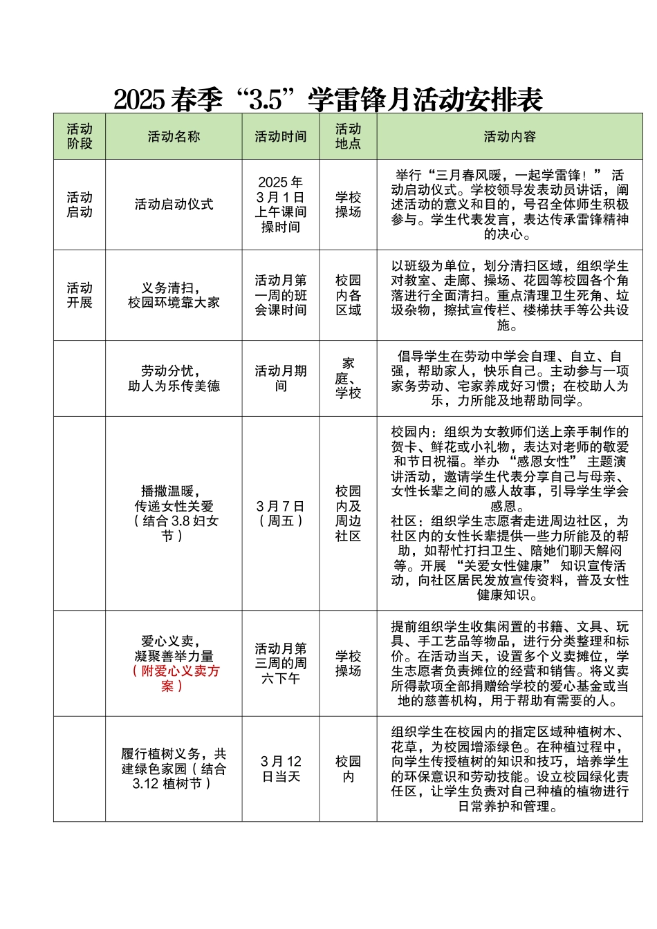 2025春季“3.5”学雷锋月活动安排表_第1页