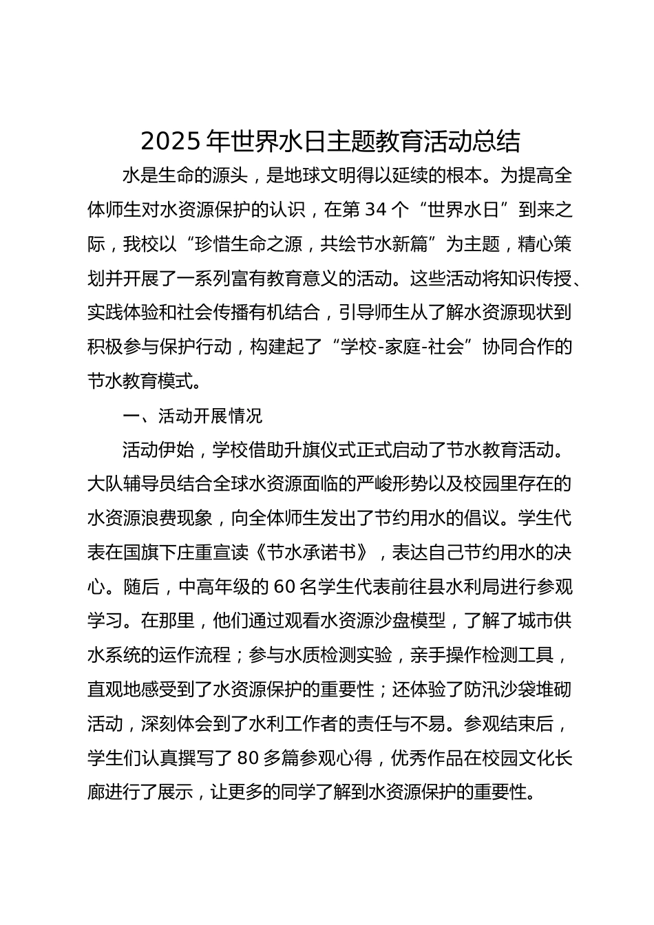 6.2025年世界水日主题教育活动总结_第1页