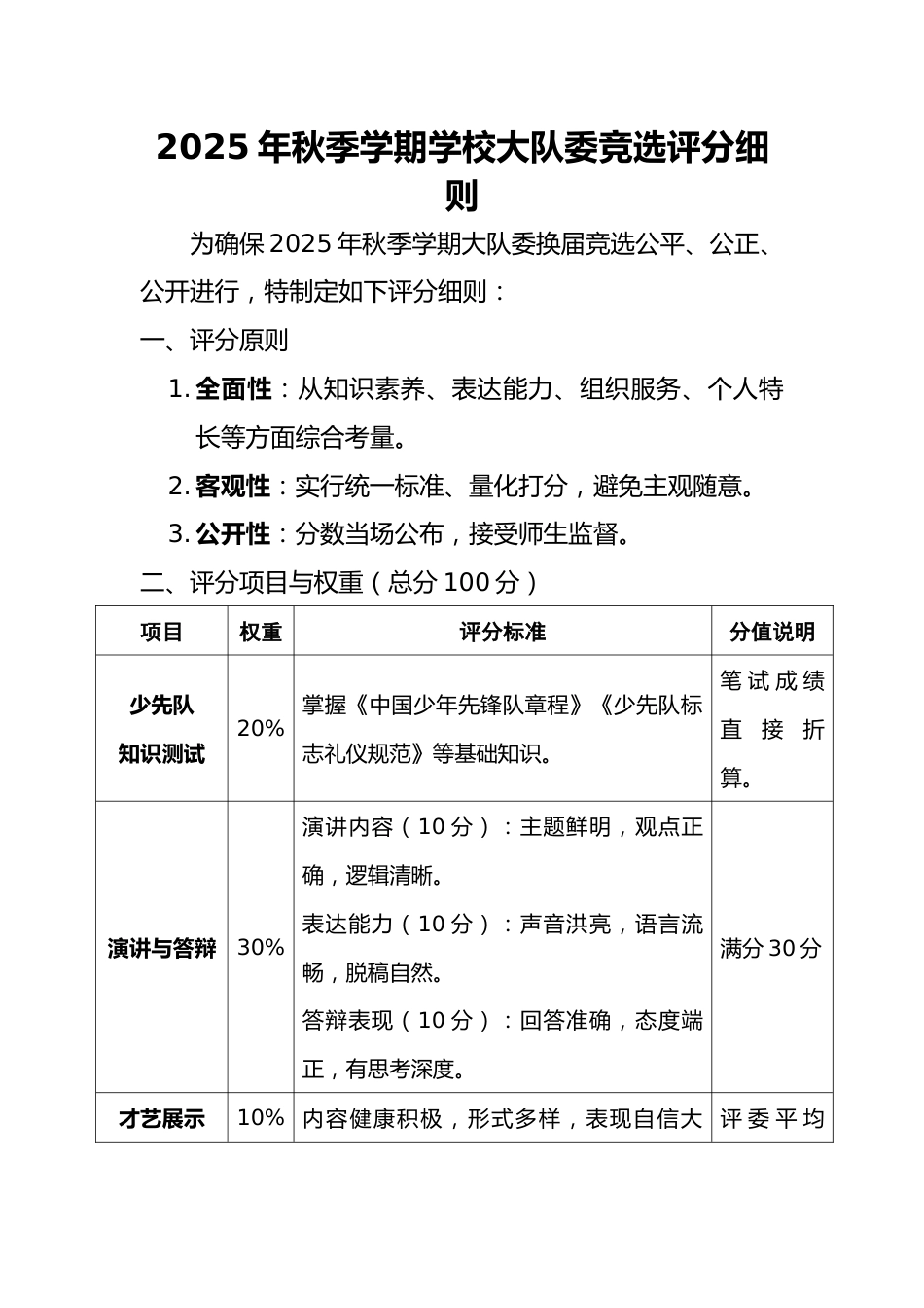 2025年秋季学期学校大队委竞选评分细则_第1页