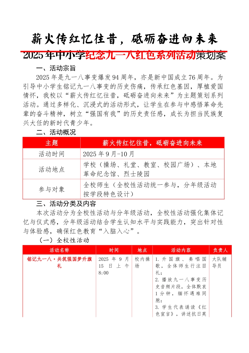 薪火传红忆往昔,砥砺奋进向未来——2025年中小学纪念九一八红色系列活动策划案_第1页