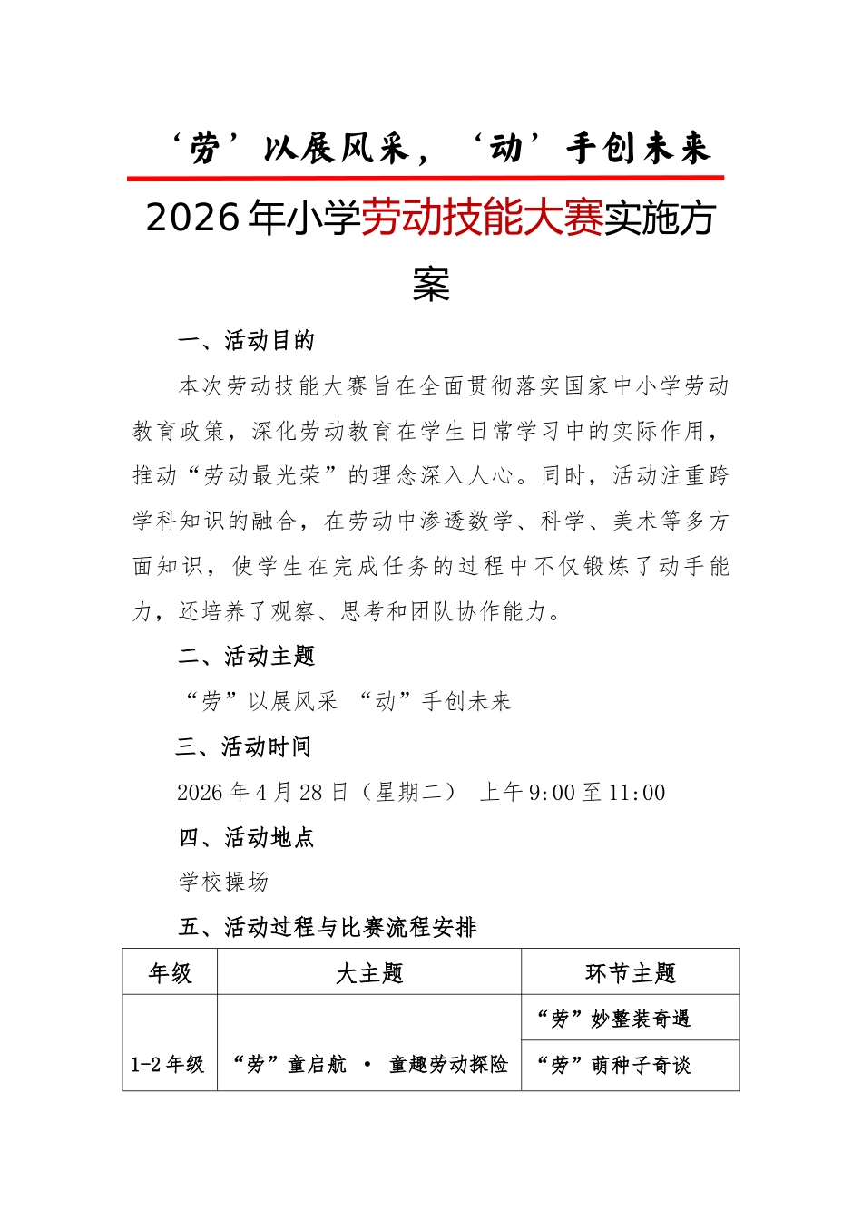 2026年五一劳动节“劳动技能大比拼”活动实施方案(二):‘劳’以展风采,‘动’手创未来_第1页