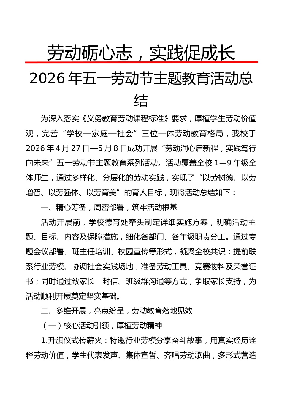2026年五一劳动节主题教育活动总结:劳动砺心志,实践促成长_第1页