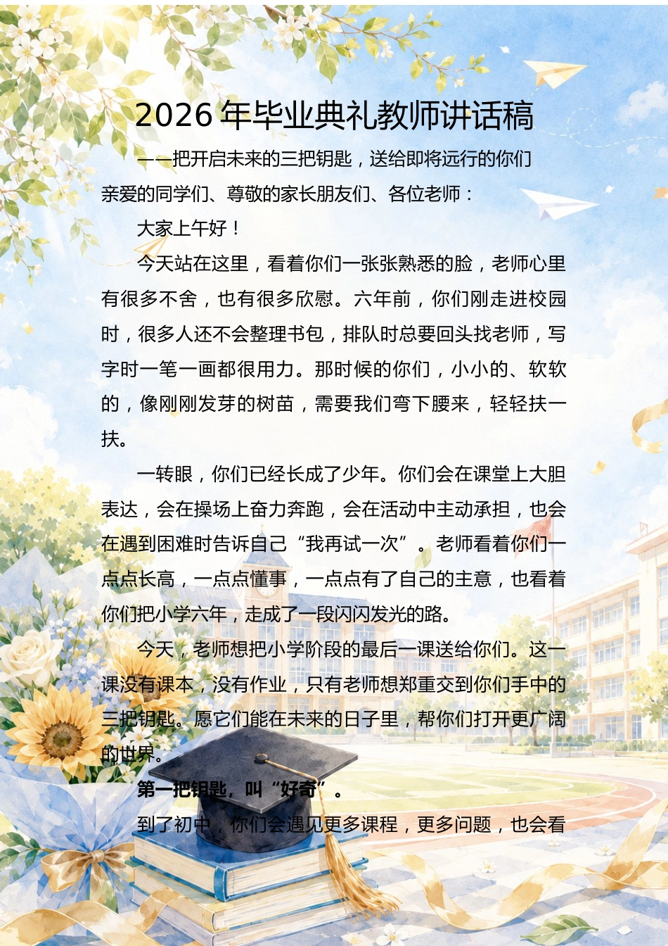 2026年毕业典礼教师讲话稿——把开启未来的三把钥匙,送给即将远行的你们_第1页