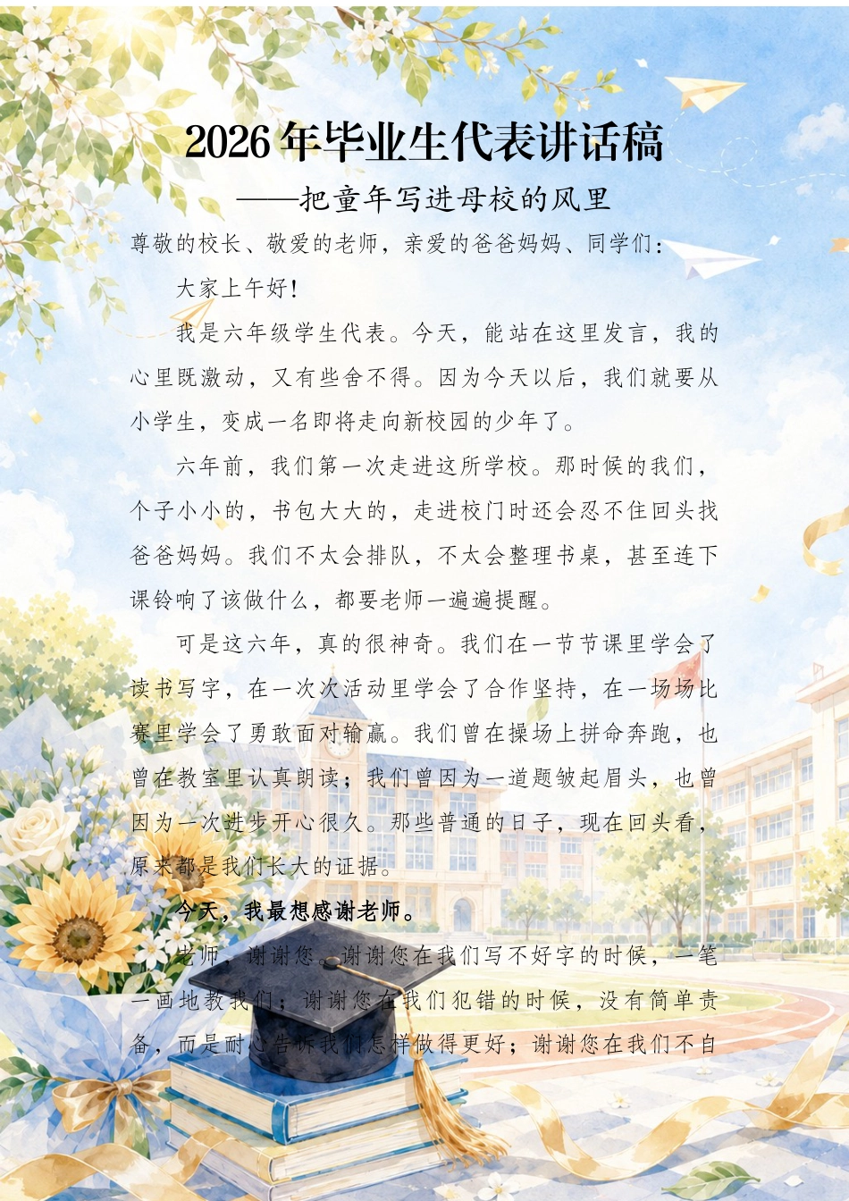 2026年毕业生代表讲话稿——把童年写进母校的风里_第1页