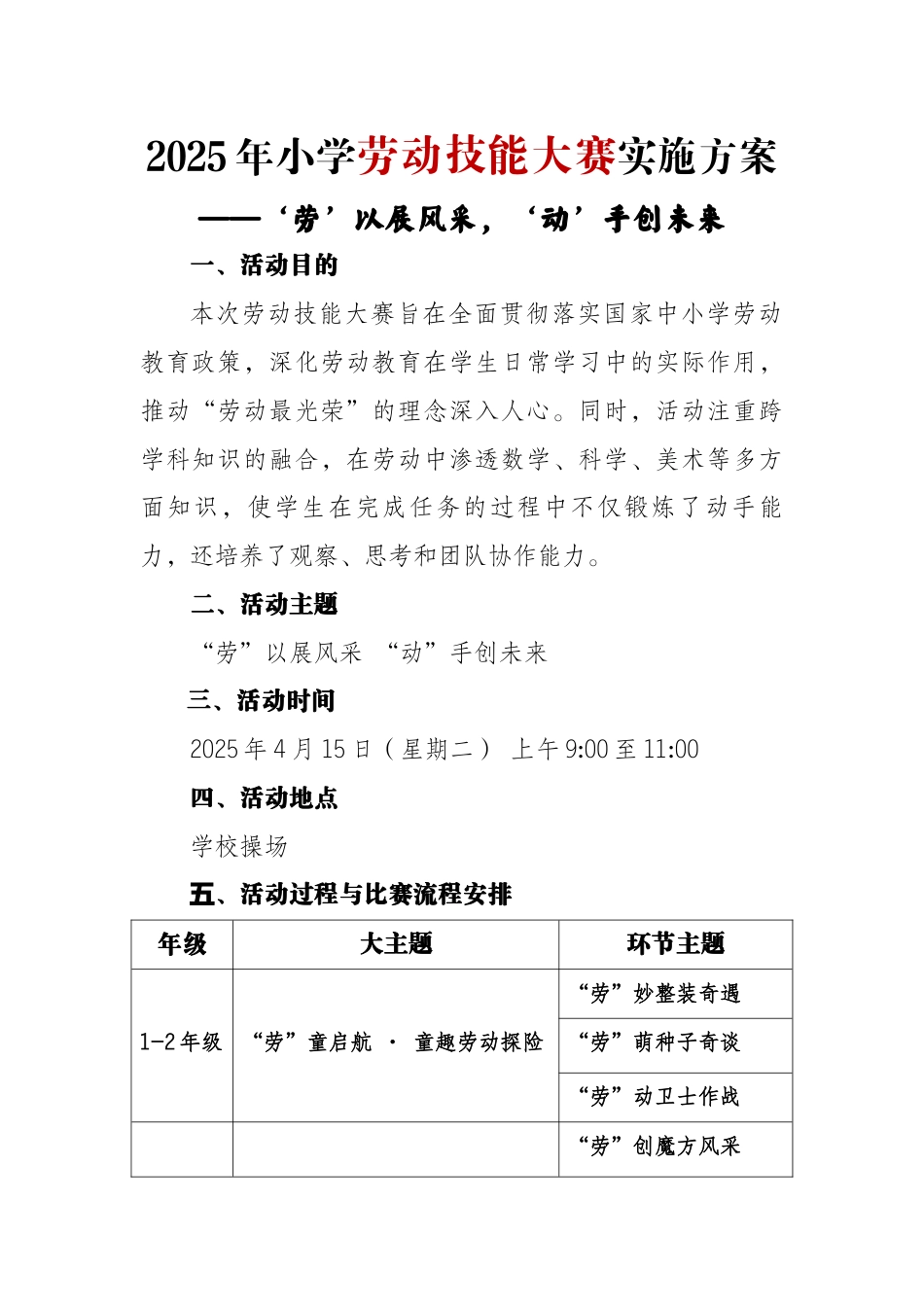 2.2025年小学劳动技能大赛活动方案_第1页