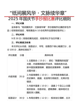“纸间展风华・文脉续华章”——2025年国庆节手抄报比赛评比细则