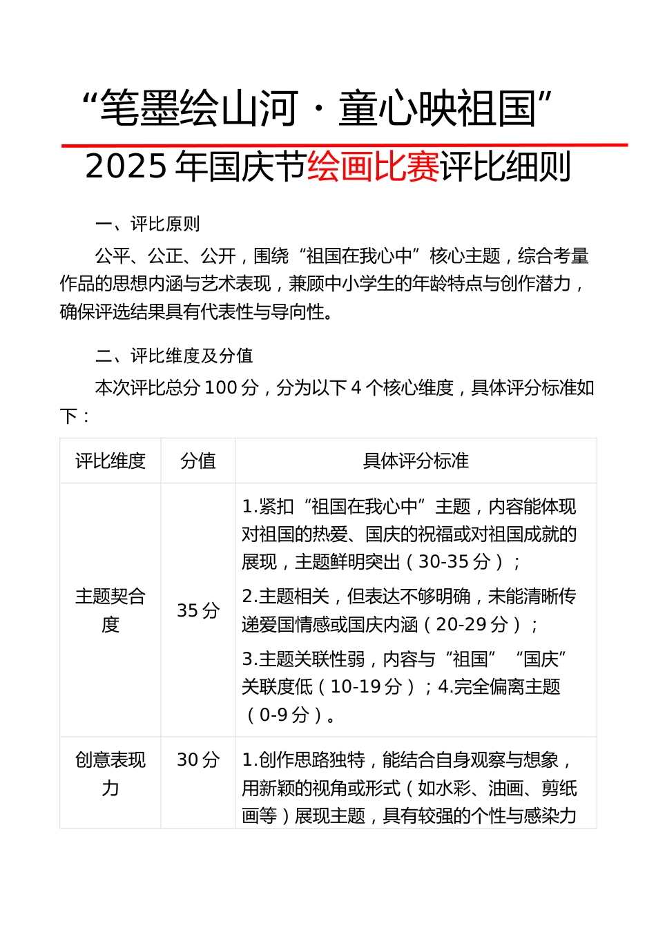“笔墨绘山河・童心映祖国”——2025年国庆节绘画比赛评比细则_第1页