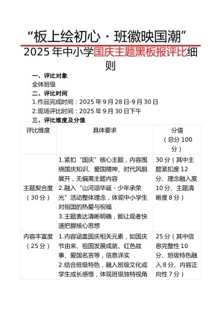 “板上绘初心・班徽映国潮”——2025年中小学国庆主题黑板报评比细则