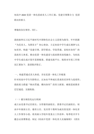 初高中2025党团一体化思政育人工作汇报：党建引领聚合力 党团联动育新人
