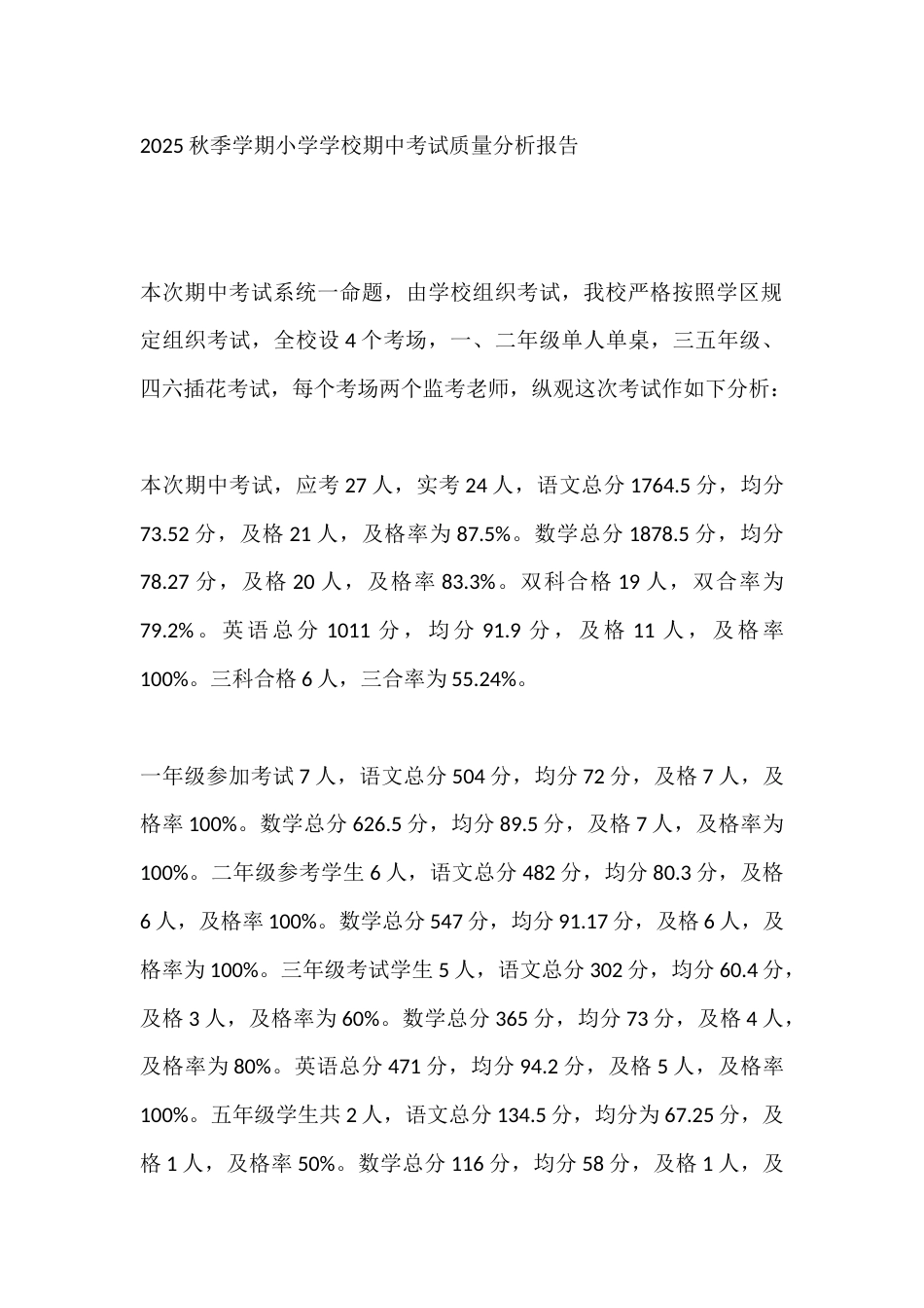2025秋季学期小学学校期中考试质量分析报告_第1页
