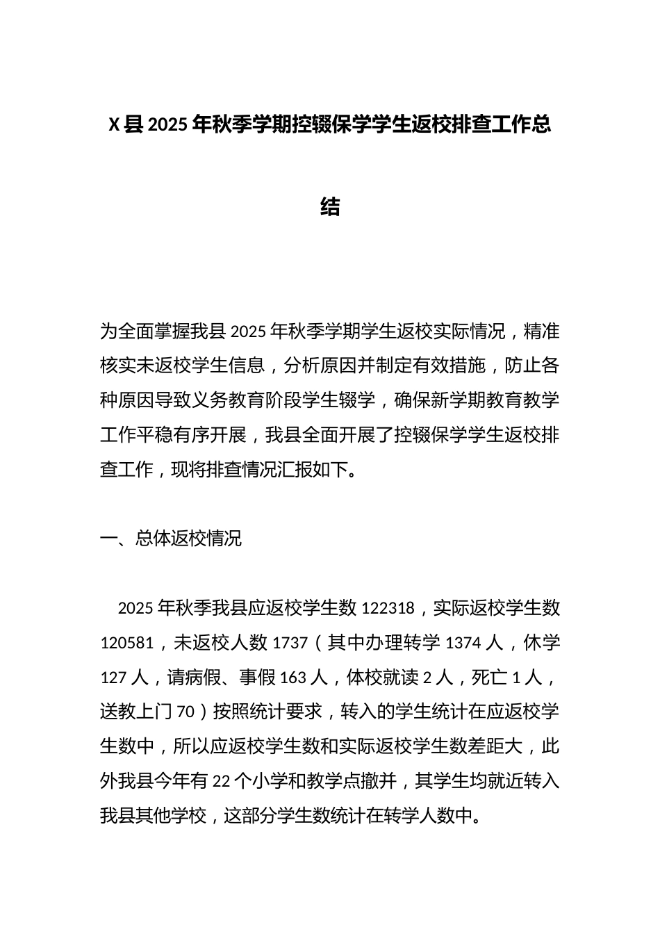 X县2025年秋季学期控辍保学学生返校排查工作总结_第1页