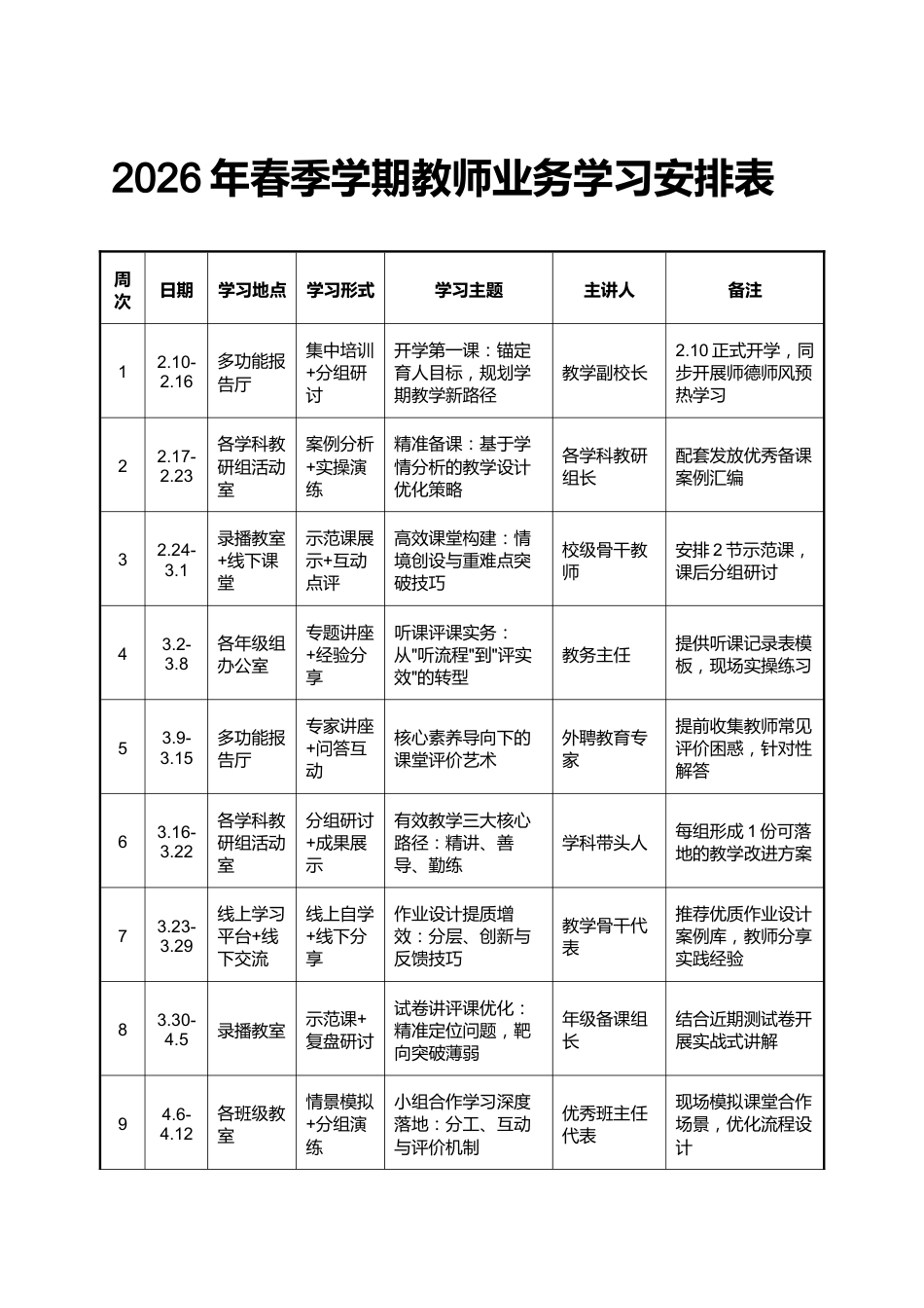 2026年春季学期教师业务学习安排表_第1页