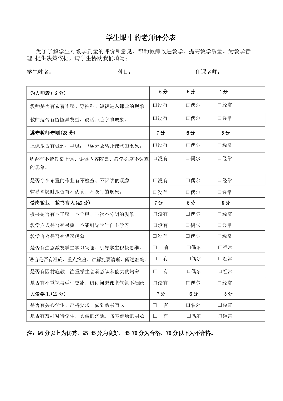 学生对教师评分表(标准版)_第1页