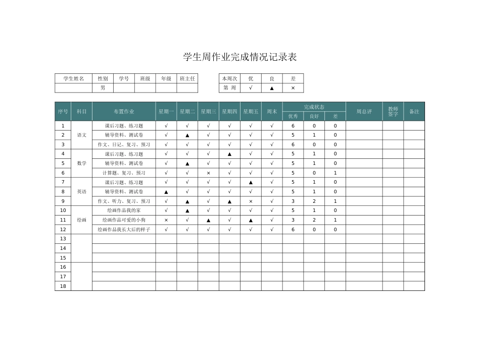 学生周作业完成情况记录表1_第1页