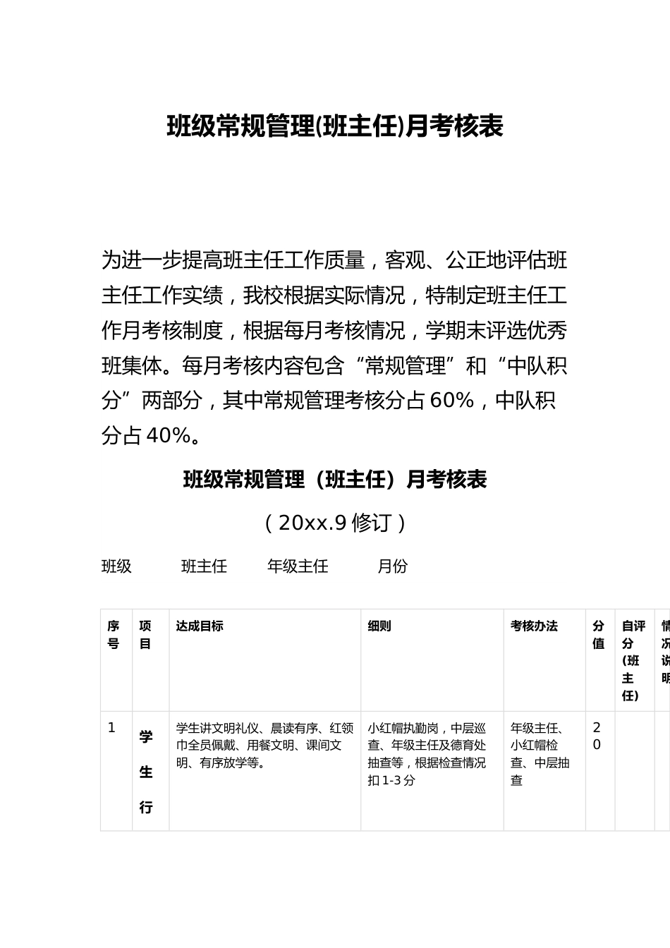 班级常规管理(班主任)月考核表_第1页