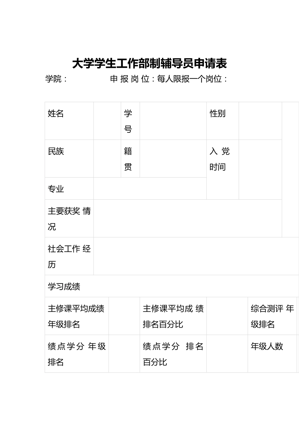 大学学生工作部制辅导员申请表_第1页