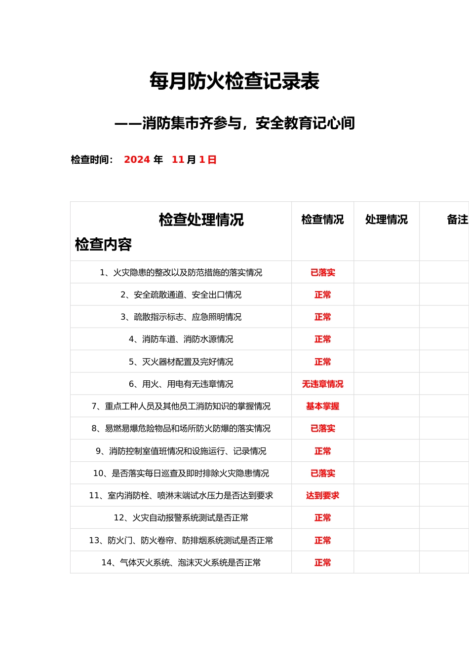 每月防火检查记录表_第1页