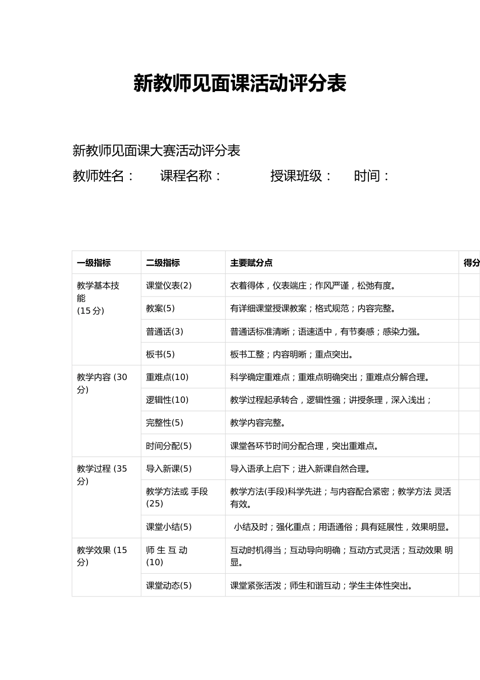 新教师见面课活动评分表_第1页