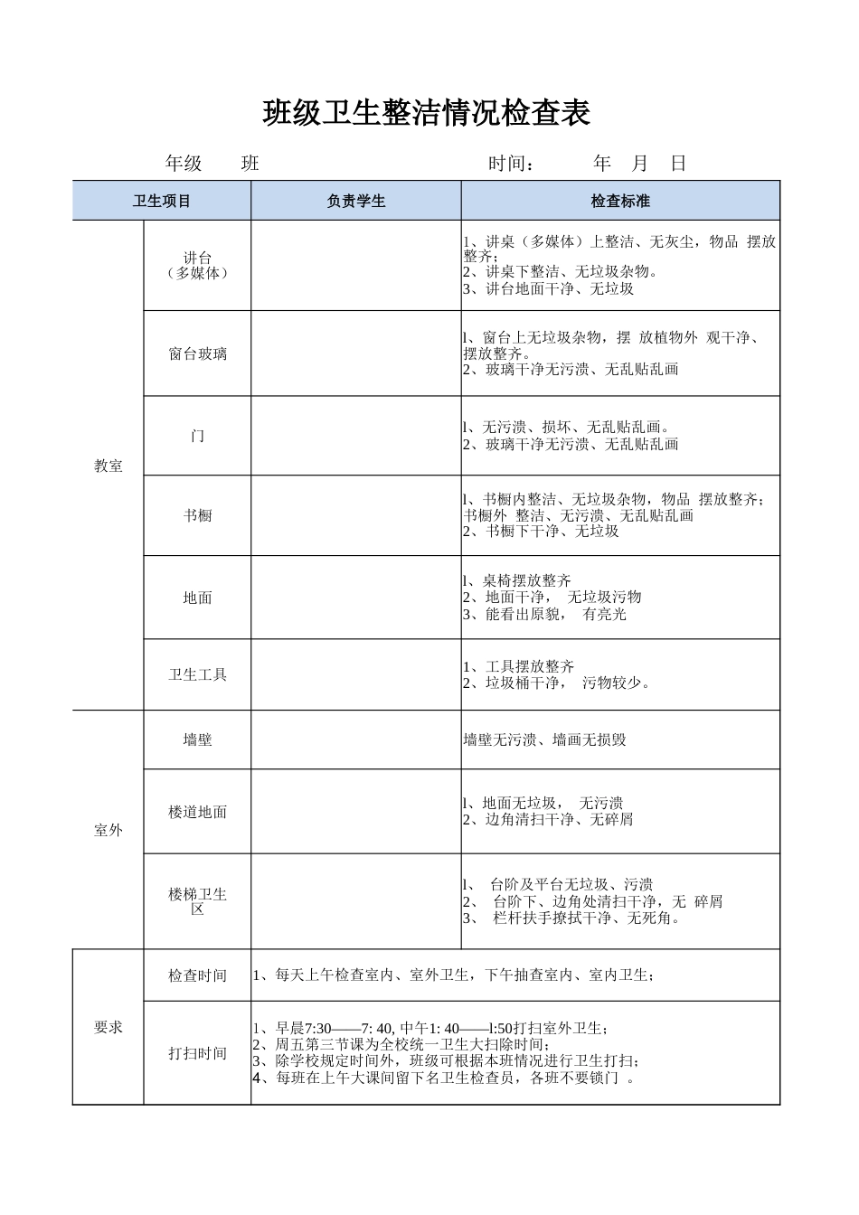 班级卫生整洁情况检查表20230915_第1页