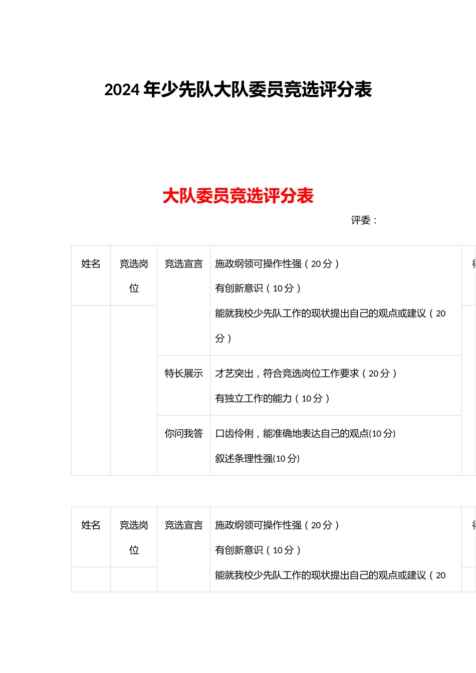 2024年少先队大队委员竞选评分表_第1页