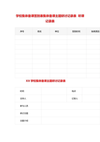 学校集体备课签到表集体备课主题研讨记录表  听课记录表