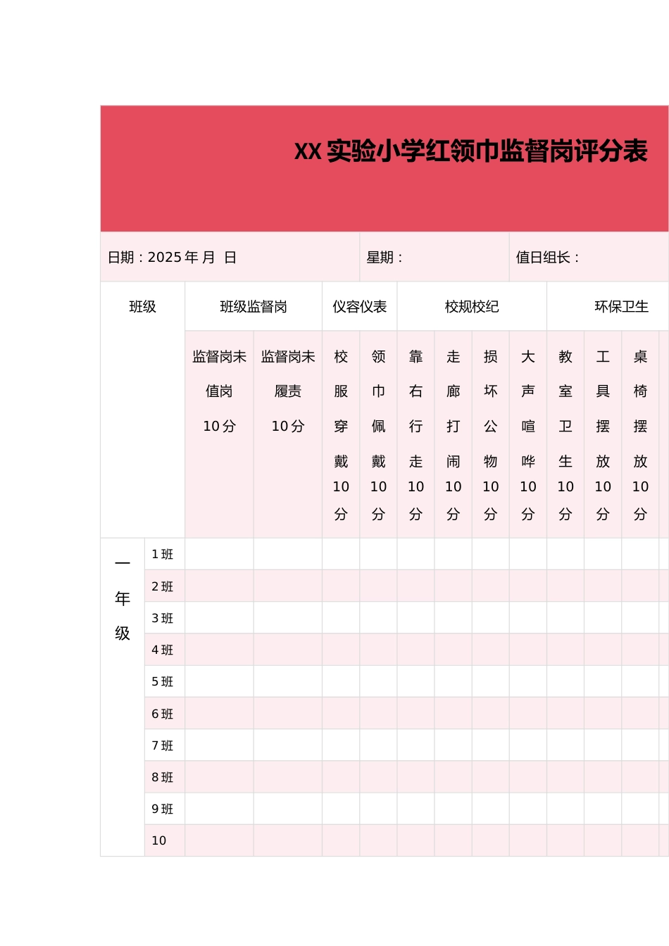 XX实验小学红领巾监督岗评分表_第1页