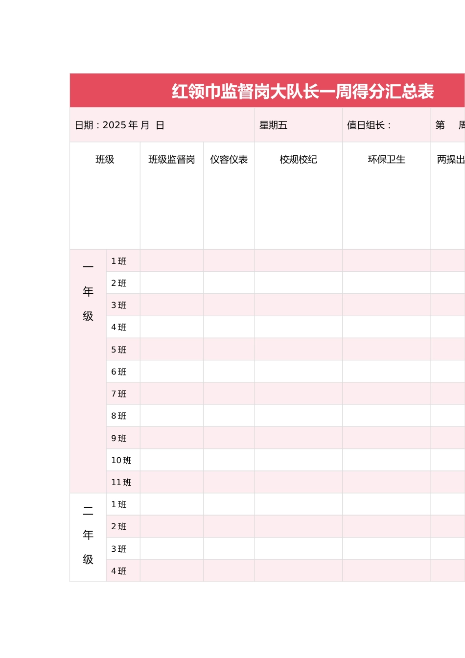 红领巾监督岗大队长一周得分汇总表_第1页