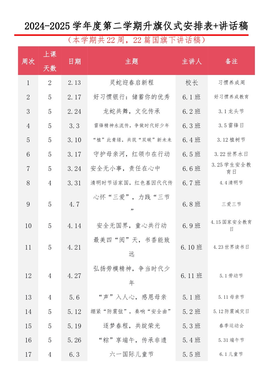 2024-2025学年度第二学期升旗仪式安排表_第1页