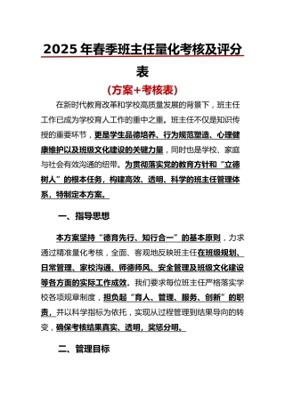 2025年班主任量化管理方案及评分表