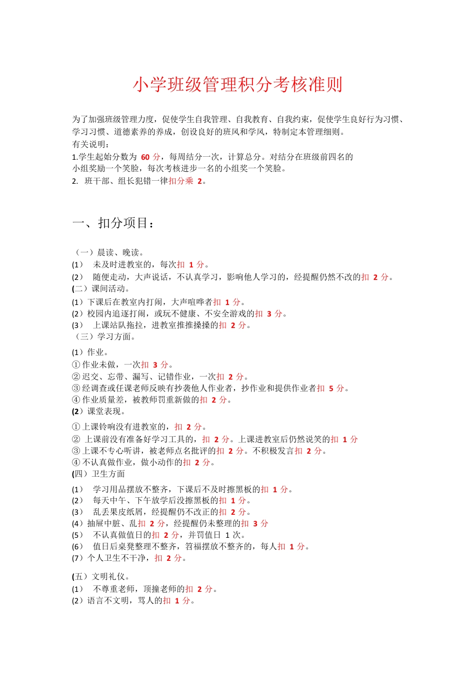 2026年春季 小学班级管理积分考核准则_第1页