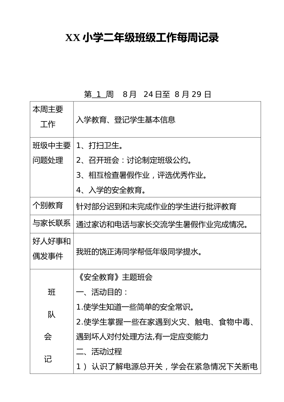 XX小学二年级班级工作每周记录_第1页