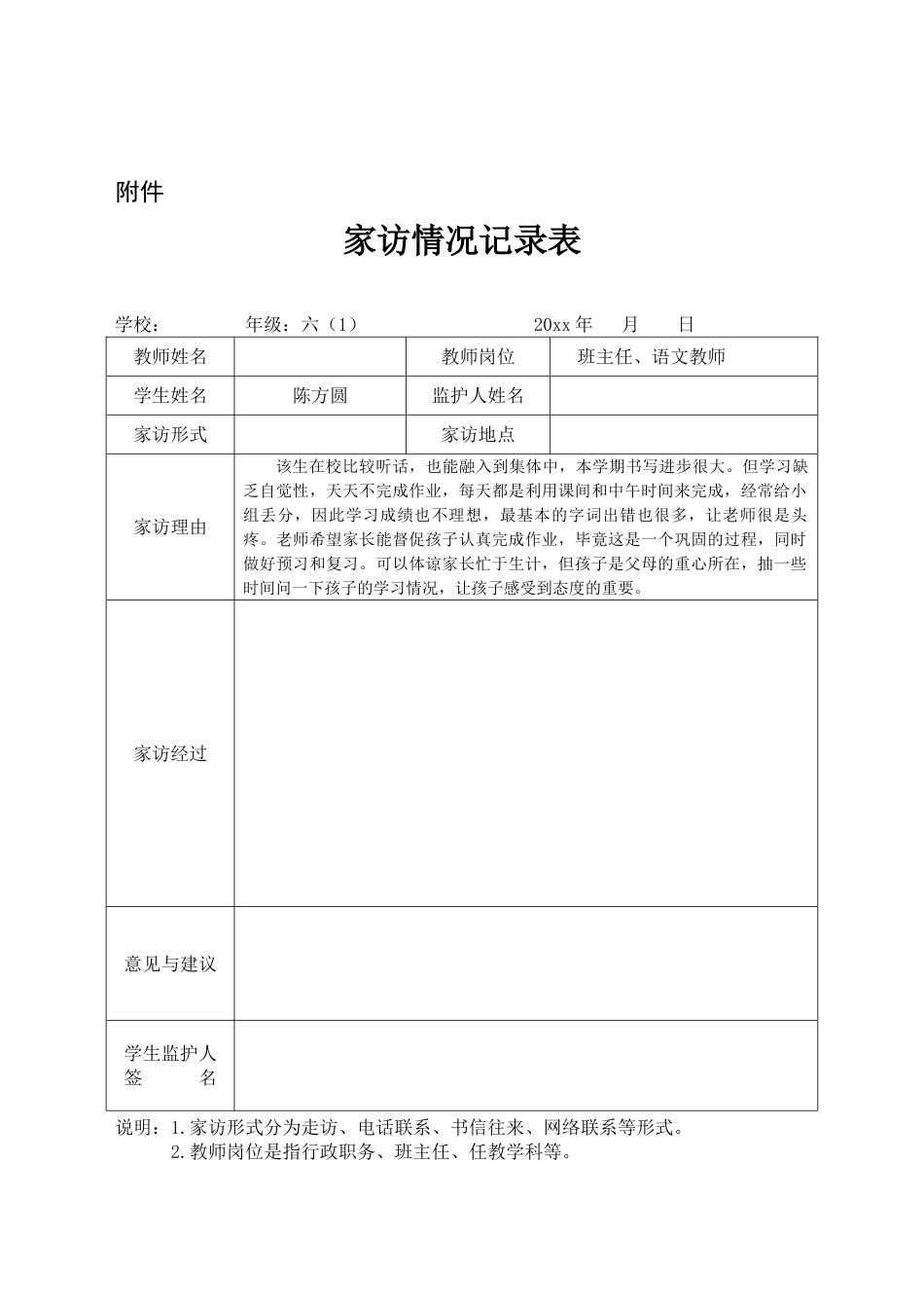 六年级家访情况记录表_第1页
