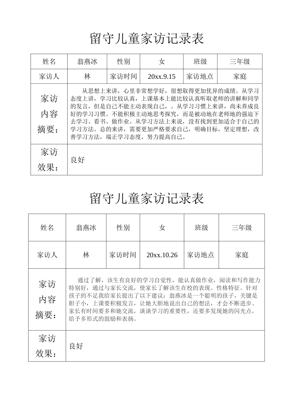三年级留守儿童家访记录表_第1页