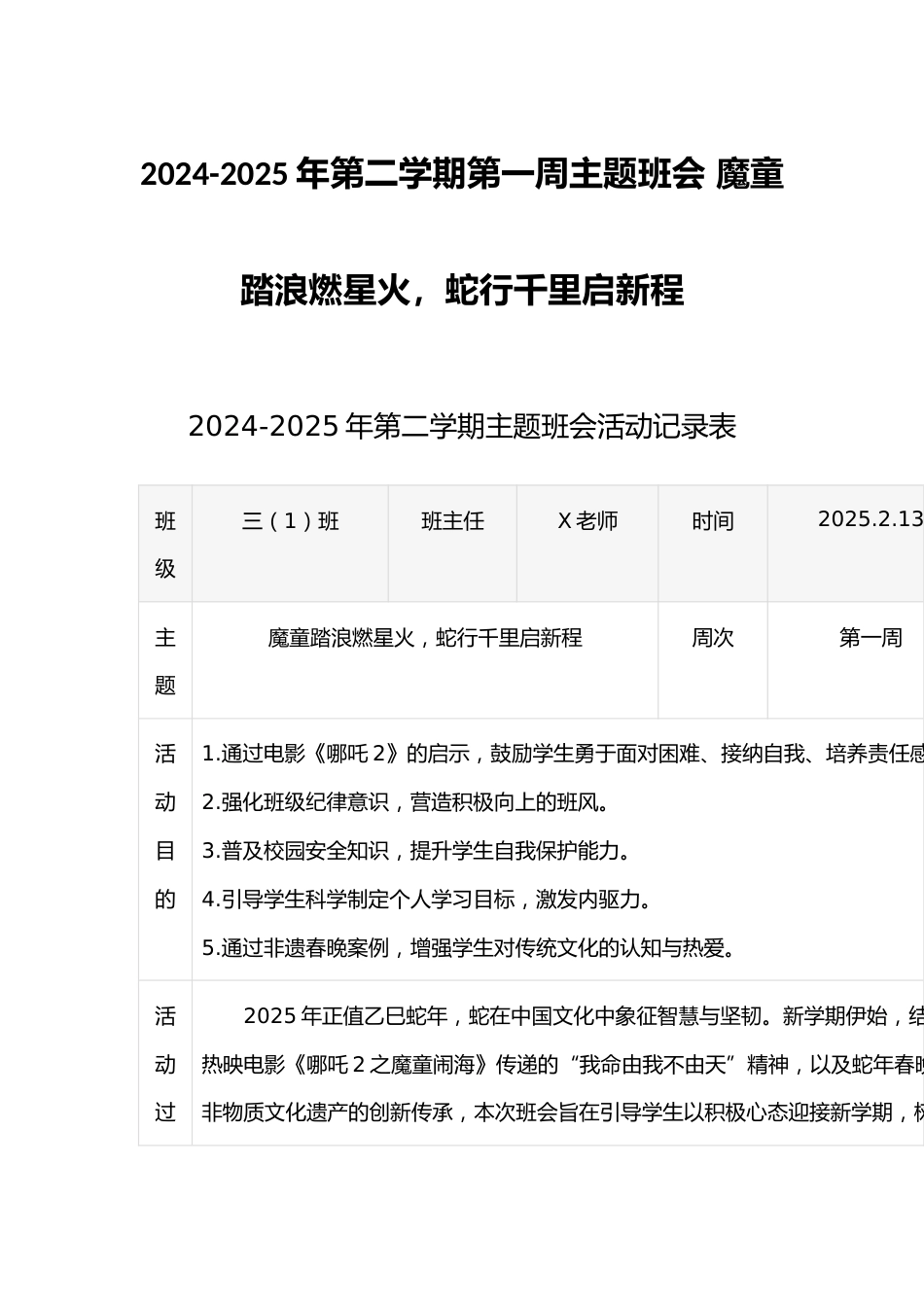 2024-2025年第二学期第一周主题班会 魔童踏浪燃星火,蛇行千里启新程_第1页