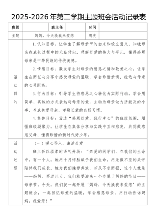 《妈妈，今天换我来爱您》2026年春季第二学期主题班会教案(表格版)