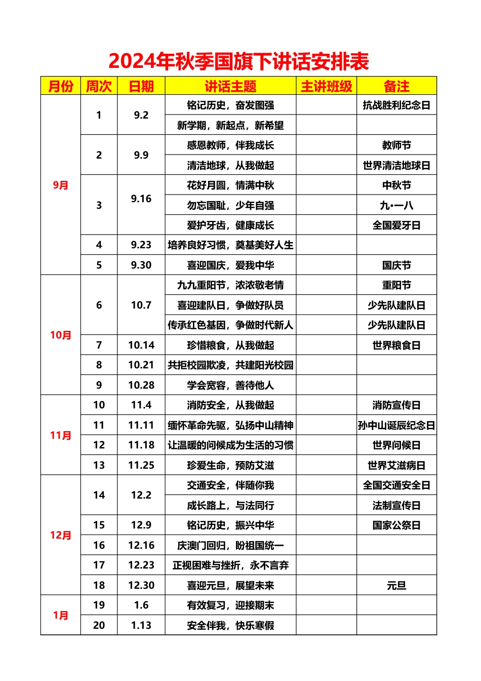 2024年秋季国旗下讲话安排表_第1页