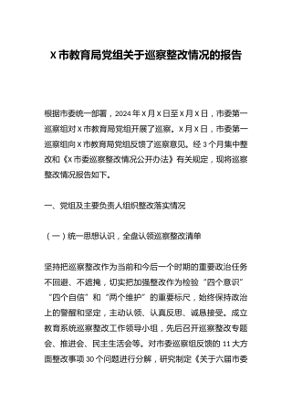 X市教育局党组关于巡察整改情况的报告
