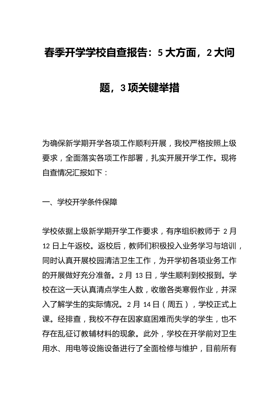 春季开学学校自查报告:5 大方面,2 大问题,3 项关键举措_第1页