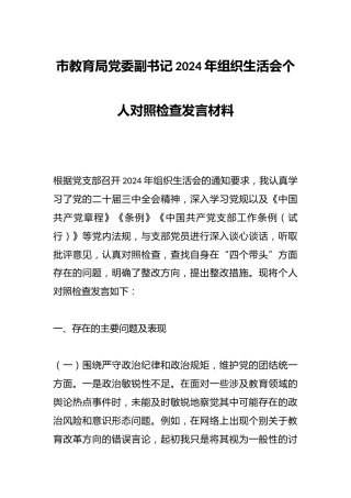 市教育局党委副书记2024年组织生活会个人对照检查发言材料