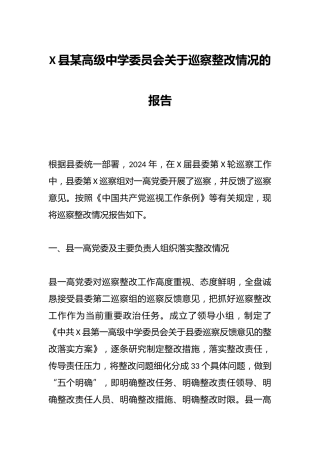 X县某高级中学委员会关于巡察整改情况的报告