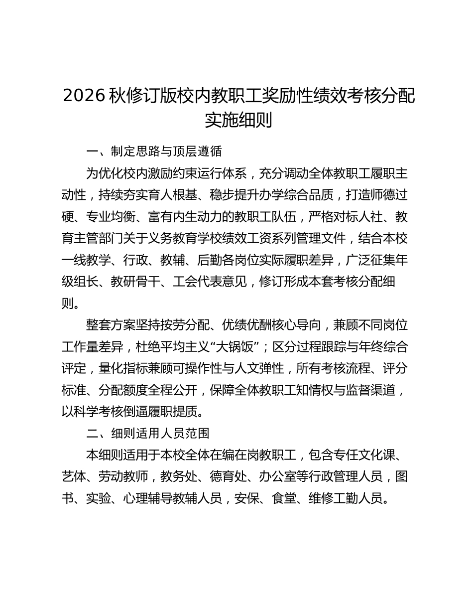 2026秋修订版校内教职工奖励性绩效考核分配实施细则_第1页