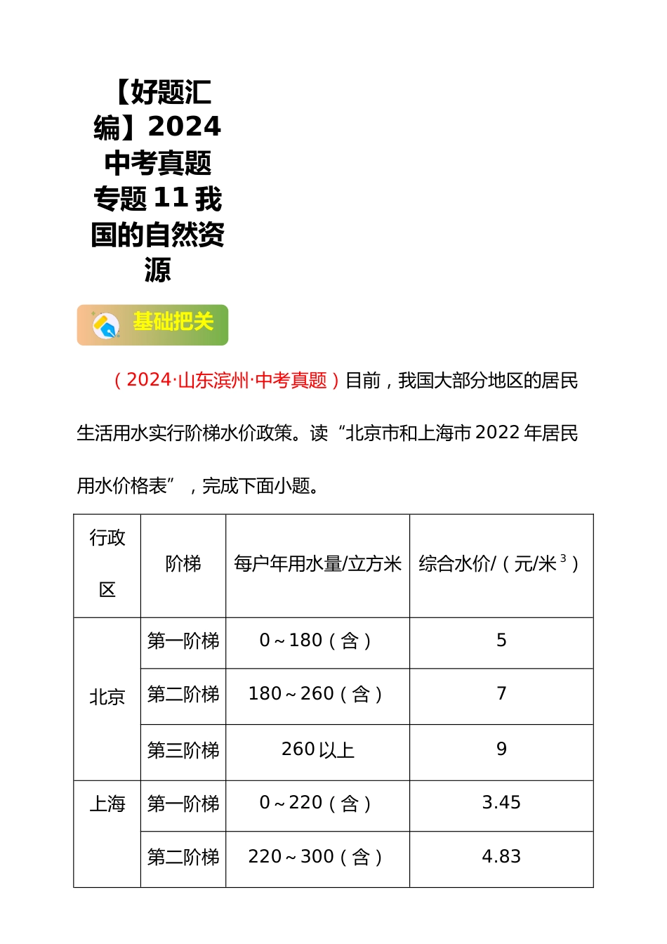 【好题汇编】2024年会考地理真题分类汇编 11我国的自然资源(解析版)_第1页