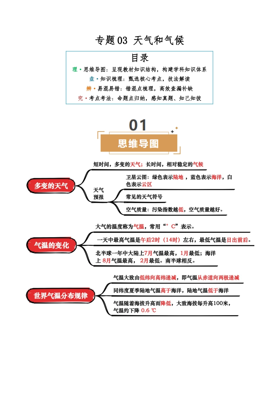 地理知识速记专题03 天气与气候-2025年会考地理知识点梳理(背诵版)_第1页