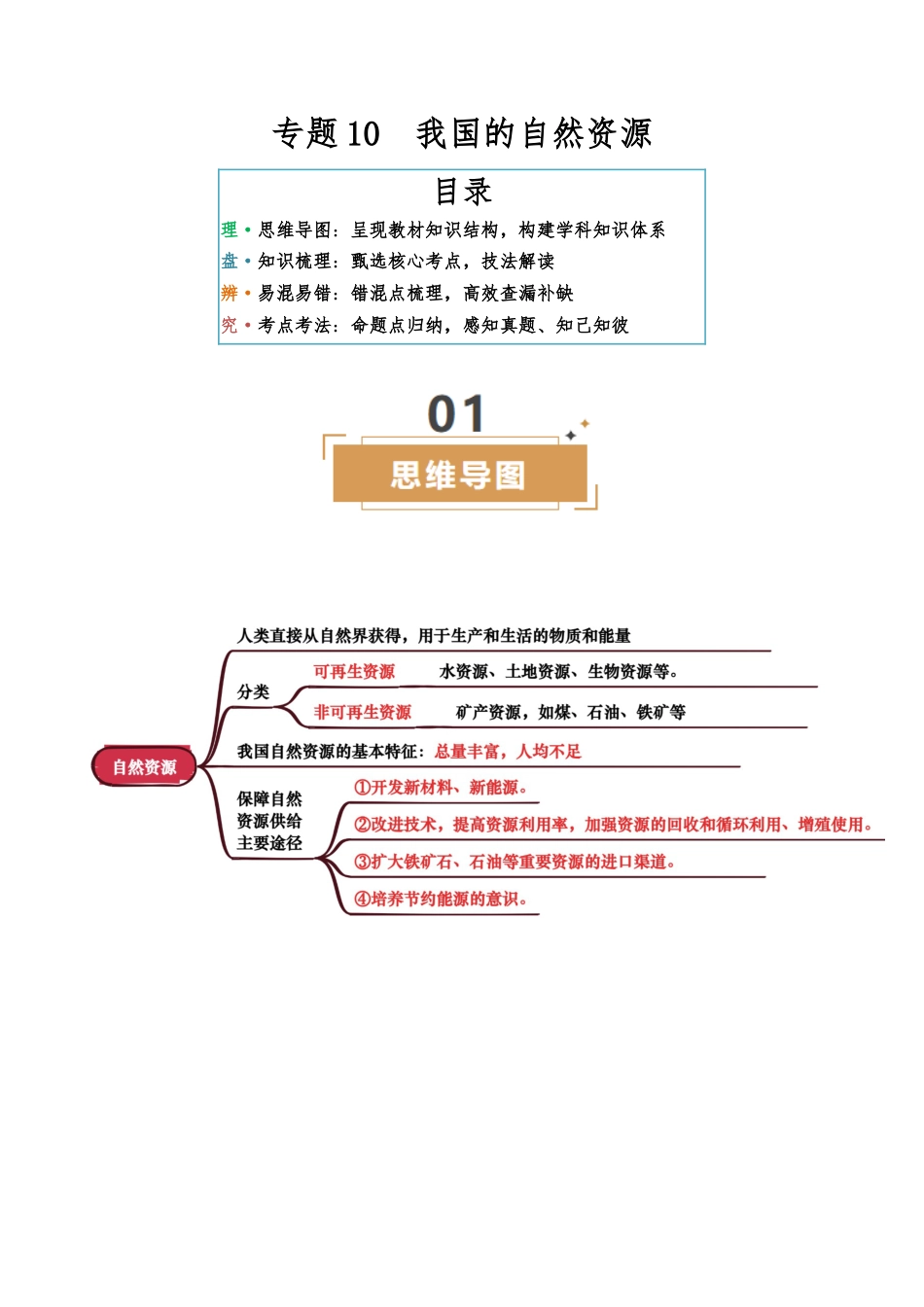 地理知识速记专题10 我国的自然资源-2025年会考地理知识点梳理(背诵版)_第1页