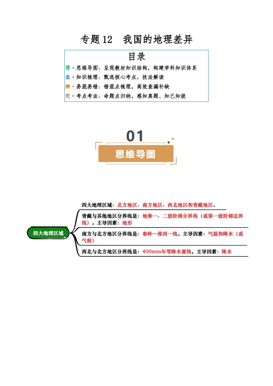 地理知识速记专题12 我国的地理差异-2025年会考地理知识点梳理(背诵版)_第1页