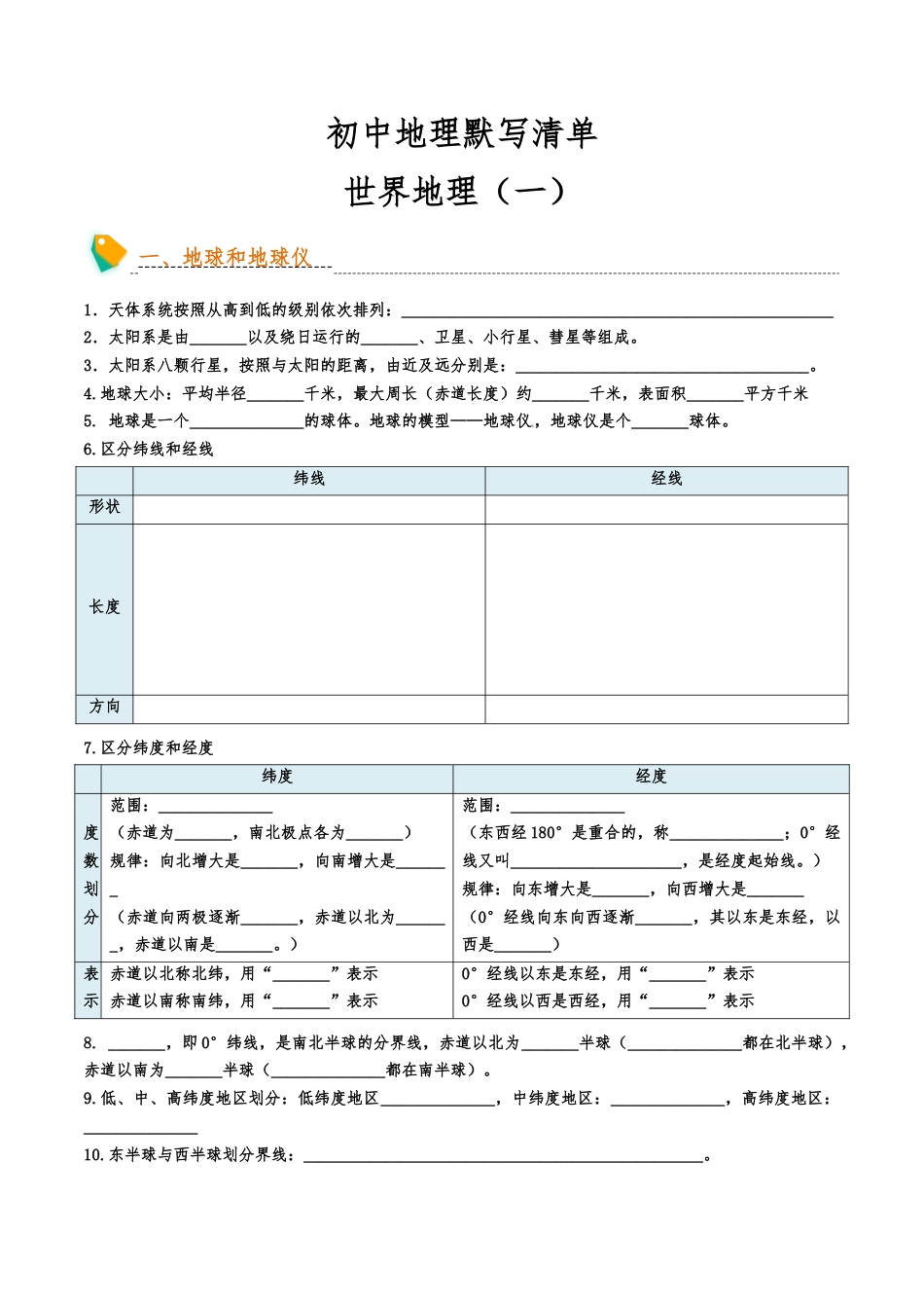 初中地理默写清单(世界地理一)-2025年会考地理知识点梳理_第1页