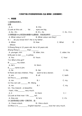 六年级下册英语试题-小升初英语专项训练 代词通用版（含答案解析）
