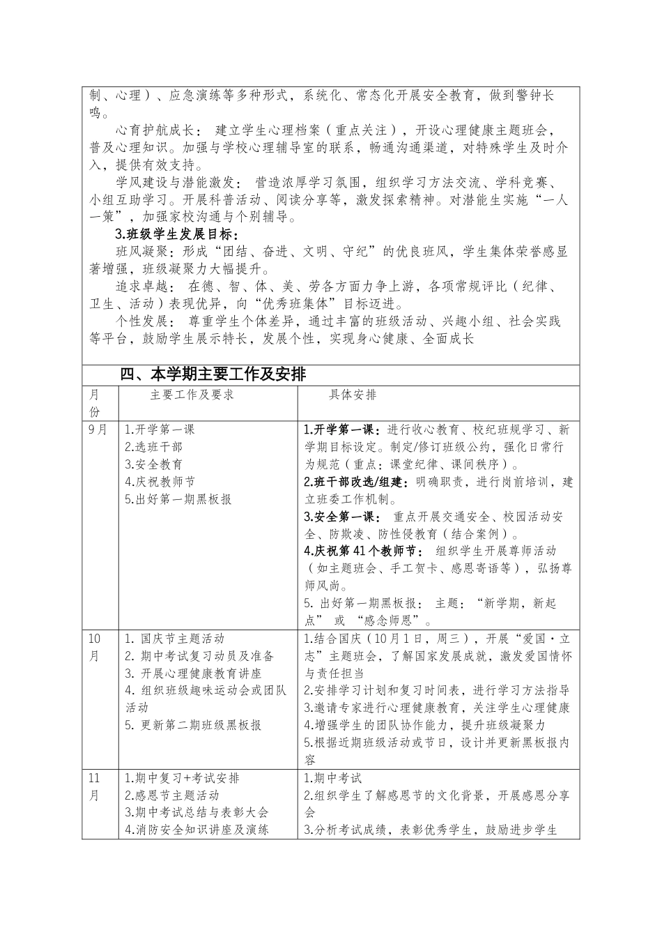 2025-2026秋季学年度第一学期班主任工作计划(表格版)_第2页