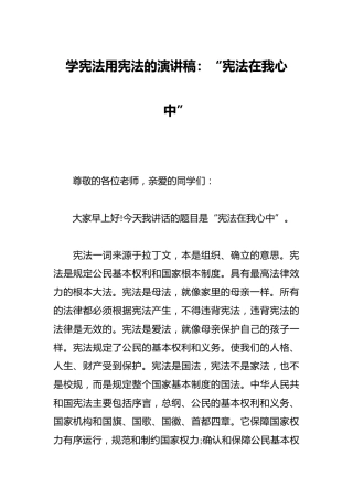 学宪法用宪法的演讲稿：“宪法在我心中”